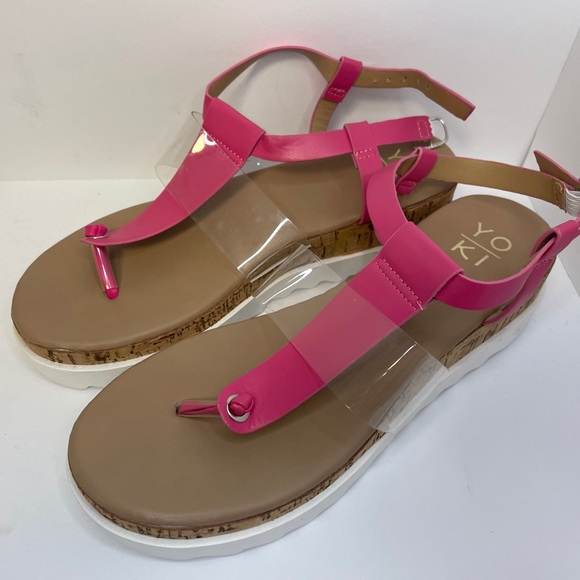 Yoki Y2K Cork Platform Wedge Chunky Sandals Pink T Straps Amelia-20 Women 9 - Picture 1 of 5